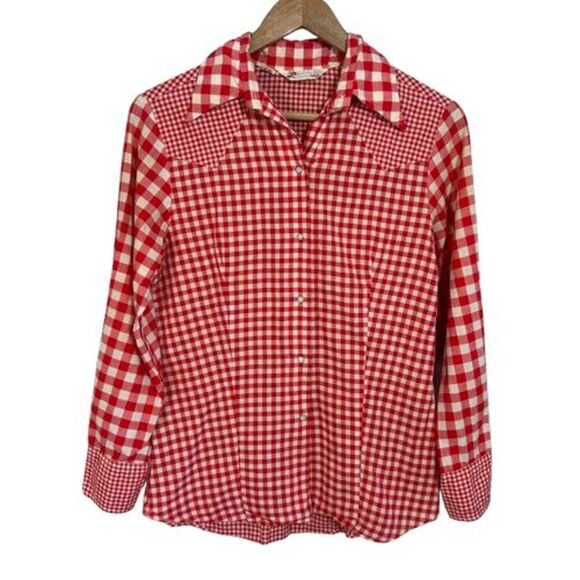 VTG 60s Levis For Gals Gingham Pearl Button Snap Shirt S Red Long Sleeve Western - Picture 1 of 10